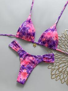SHEIN Swim Swim MOD 2件組 春夏度假隨機印花櫻桃飾品掛脖三角比基尼上衣與比基尼褲 女款性感泳衣套裝 - 彩色 - 查看 4