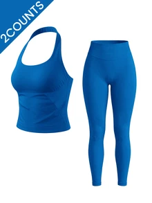 Easithlete Women's 2Pcs Yoga Set Thick Strap Halter Bra + Tummy Control High Waist 3" Butt Lifting Biker Shorts - Royal Blue - View 4