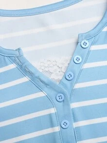 SHEIN 青少年女孩條紋蕾絲拼接休閒日常長袖衛衣 - 藍色 - 查看 6