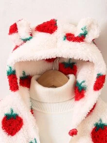 SHEIN Playful Pals 女童可愛厚絨連帽外套，單件，可愛草莓圖案，毛絨面料，連帽附可愛熊耳裝飾，白色前拉鍊，長袖，柔軟舒適面料，適合女童，可愛甜美俏皮休閒時尚穿搭，適合日常穿著、上學、外出、度假、派對，秋冬季 - 紅白色 - 查看 5