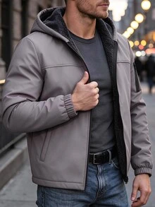 Manfinity Homme 男士拼接配色保暖內裡休閒日常連帽夾克 - 灰色 - 查看 4