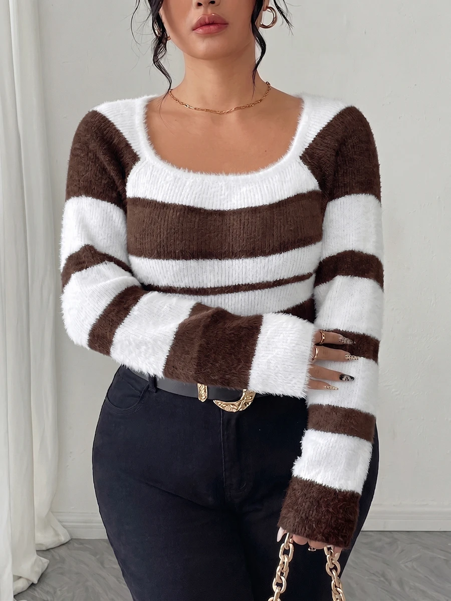 Elenzga Plus Size Women's Colorblock Casual Daily Long Sleeve Sweater Winter - Coffee Brown - View 1