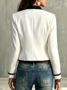 SHEIN Franclia Women's French Style Stand Collar Colorblock Patchwork Double-Breasted Metal Button Cropped Blazer, Elegant Slim Fit Commuter Top For Petite Women - White - View 2