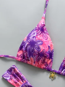 SHEIN Swim Swim MOD 2件組 春夏度假隨機印花櫻桃飾品掛脖三角比基尼上衣與比基尼褲 女款性感泳衣套裝 - 彩色 - 查看 3