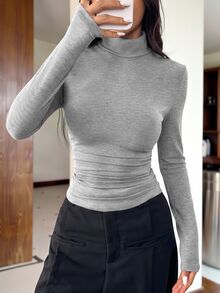 SHEIN EZwear Encore 酒紅色針織高領修身長袖女款 T-shirt 上衣，適合居家、上班、外出，秋季休閒穿搭 - 淺灰色 - 查看 5