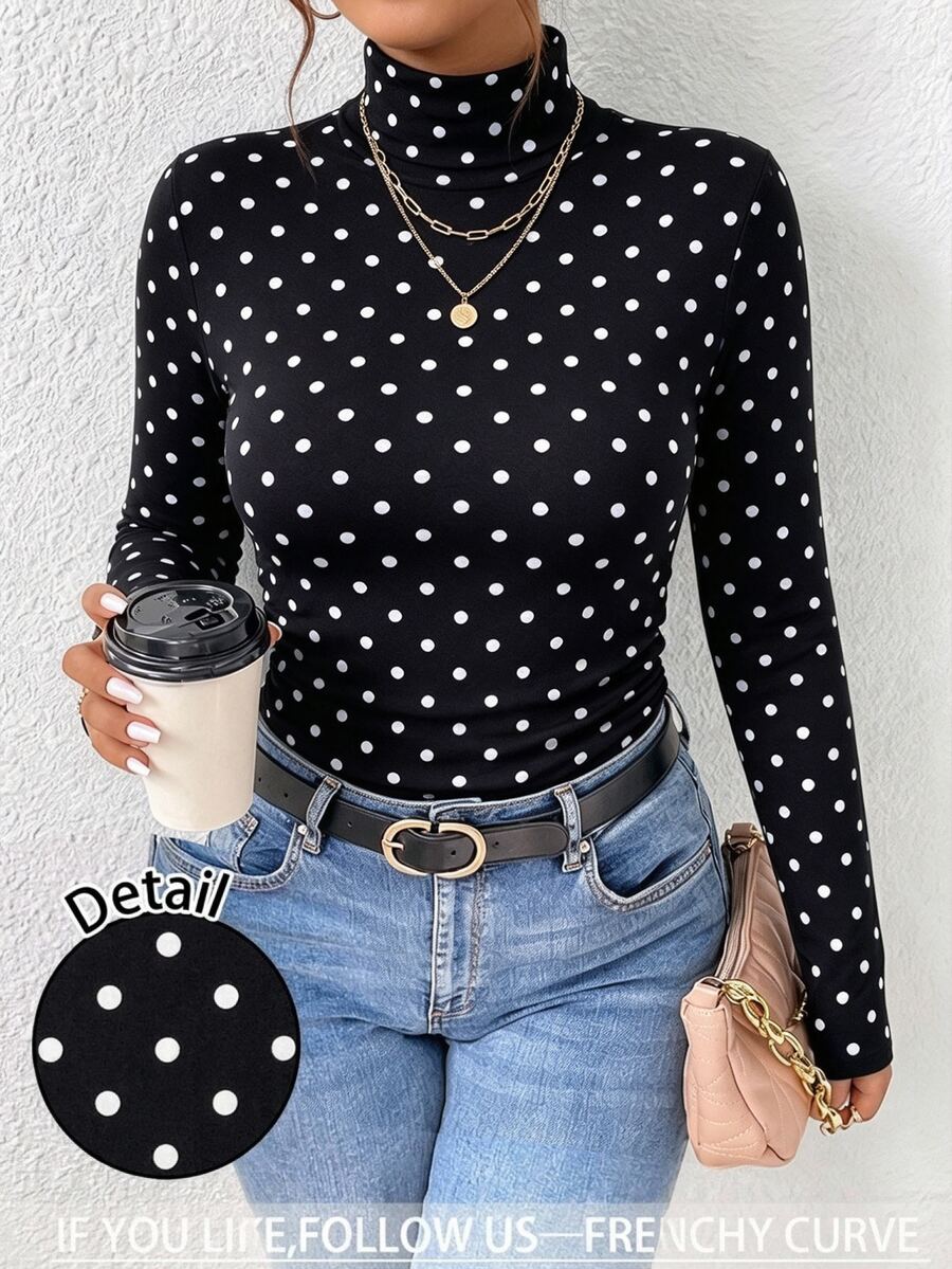 SHEIN Frenchy Plus Size Polka Dot Fabric High Neck Long Sleeve T-Shirt, Suitable For Autumn/Winter, Black Base Layer - Black - View 1