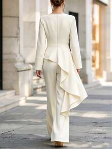 SHEIN Women Formal 2 Pieces Set, Wrap VNeck Asymmetrical Draped Ruffle Blouse + HighWaist Flared Trousers, Elegant Commuter Coord - Apricot - View 2