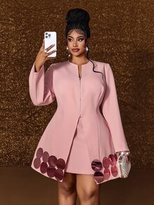 Maweii Plus Size Long Sleeve V-Neck Sweet Sequin Elegant Blazer Suit Set - Pink - View 2