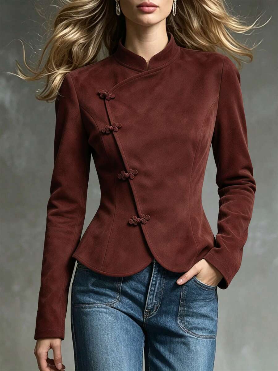 Trelyra 女款新款休閒優雅秋冬新中式盤扣高領長袖外套,日常穿著辦公室夜出棕色調 - 酒紅色 - 查看 1