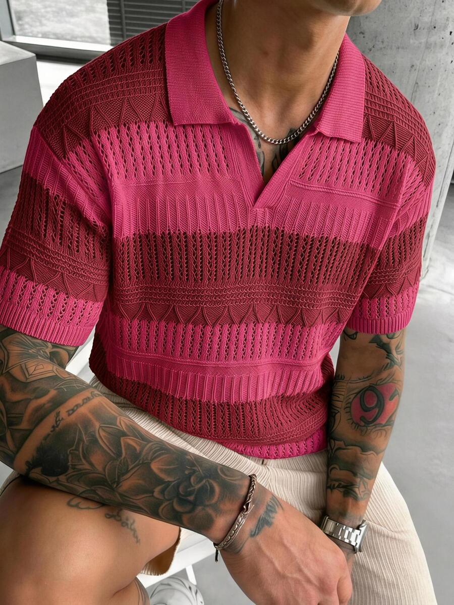 Manfinity Homme Men's Colorblock Short Sleeve Casual Hollow Knit Top - Red - View 1