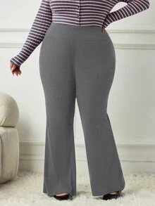 SHEIN CURVE+ Plus Size Ribbed Black Flare Pants, High Waist Stretch Slim Fit Trousers - Dark Grey - View 4