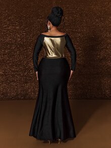 Maweii Plus Size Sexy Fitted Off-Shoulder Long Sleeve Colorblock Patchwork Evening Dress - Black - View 6
