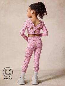 SHEIN 女童粉色體操套裝 2 件組，長袖上衣與緊身褲，可愛印花 - 粉色 - 查看 2