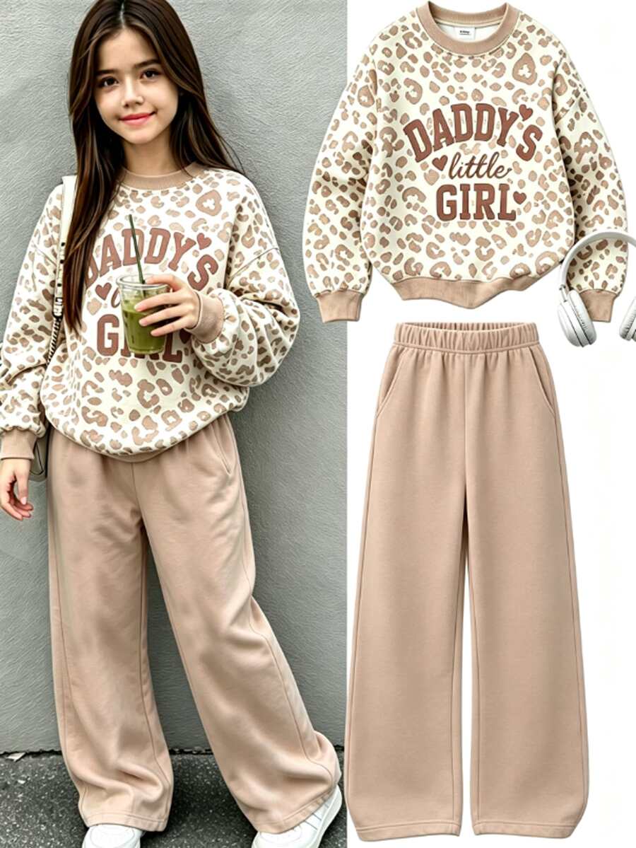 青少年女孩豹紋印花「DADDY'S Little Girl」圓領運動衫與米色寬腿運動長褲2件套,休閒秋冬運動套裝 - 彩色 - 查看 1