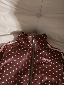 SHEIN Genkimix Kids 女童蝴蝶結波點外套套裝，棕色 2 件組，秋冬款，時尚織帶裝飾立領拉鍊夾克與休閒長褲 - 棕色 - 查看 6