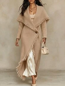 SHEIN 女款素色流蘇設計休閒百搭日常穿搭開襟衫 - 卡其色 - 查看 4