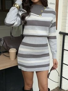 Autumina Slouchy Collared Contrast Striped Women's Sweater Dress - Multicolor - View 7