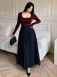 Modelyn Rok Lipit Elegan Pinggang Tinggi Warna Polos untuk Wanita Ukuran Plus - Navy Blue - View 6