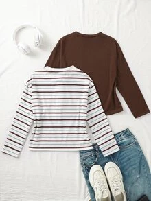 Tween Girl Round Neck Long Sleeve Casual Versatile T-Shirt - Brown - View 2
