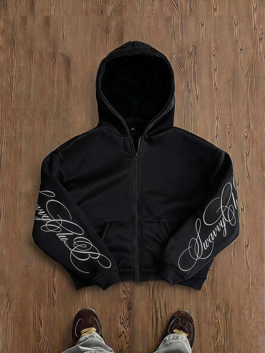 SWAVVY Men's Knitted Fashion Casual Loose Fit Long Sleeve Hoodie With English Embroidery - Black - View 1
