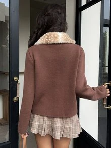 Autumina Brown Coffee Spotted Fur Collar Single-Breasted Pocket Knit Cardigan - Brown - View 2