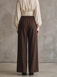 SHEIN Women's Office Commute Party High Waist Wide Leg Pants Gold Floral Metal Buckle Suit Trousers - Brown - View 2