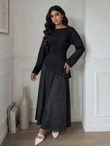 Veilorie Setelan Kasual 2 Potong Wanita: Atasan Lengan Panjang Warna Polos dan Rok Motif Polkadot - Hitam - View 6