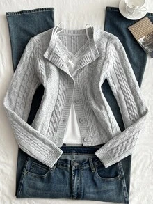 Elamini Women's Autumn/Winter Fashion Street Versatile Lazy Elegant Daily Commute Party Cable Knit Cardigan - Grey - View 8