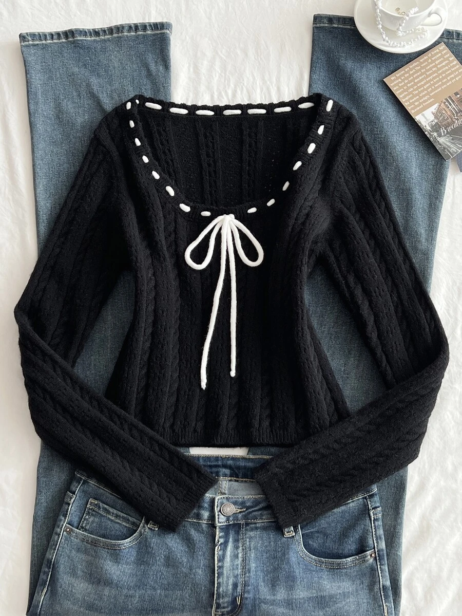 Elamini Women's Fashion Versatile Sweet Bow Daily Commute Date Outfit Autumn/Winter Pullover Sweater - Black - View 1