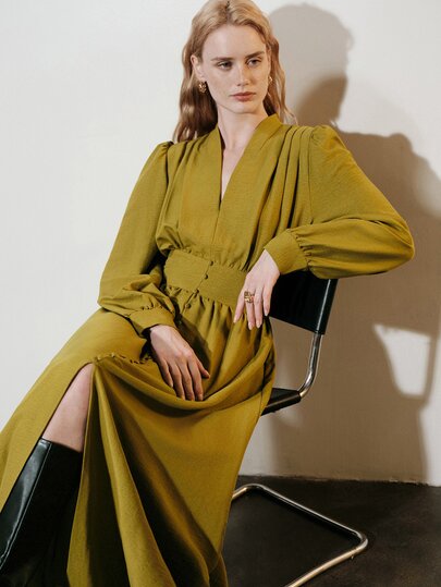 Aveloria Modichic Women's Dress High Waist A-Line Pleated Texture V Neck Wide Waistband Slit Lantern Sleeve Elegant Mustard Yellow Fall Clothes For Women
