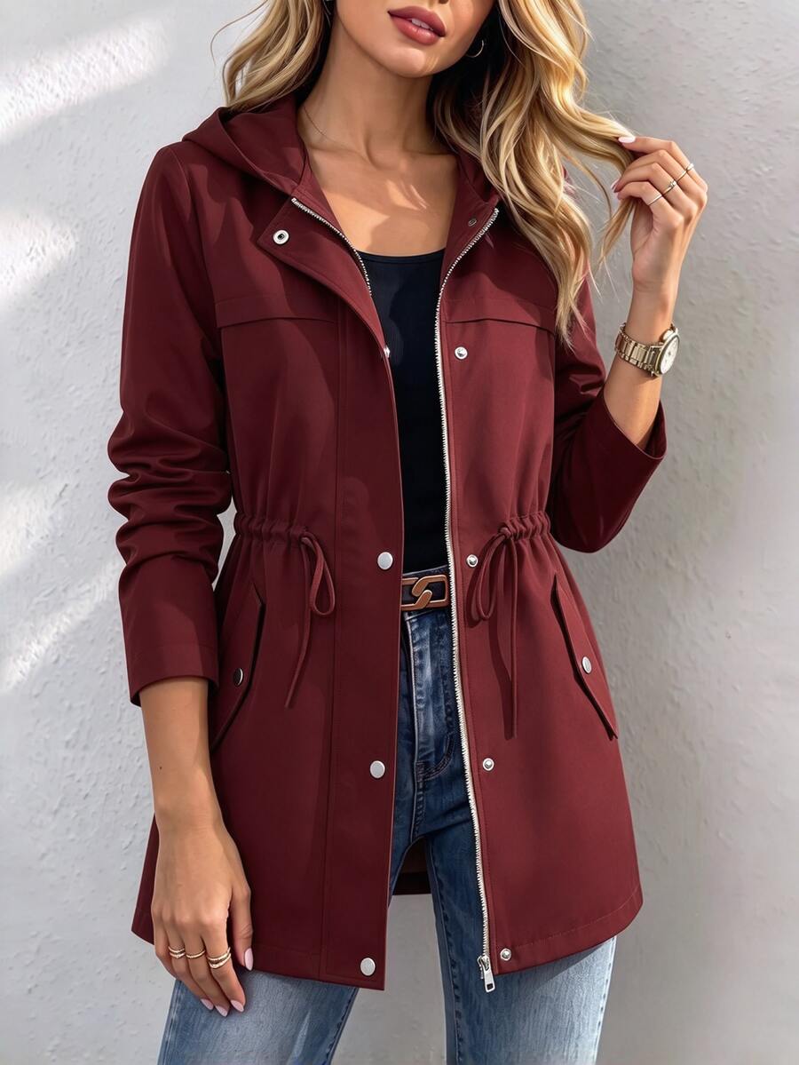 SHEIN 女款春秋休閒抽繩收腰連帽工作夾克,秋冬外套 - 酒紅色 - 查看 1