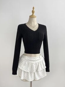 Elamini Sweater Rajut Kabel Leher V Pas Badan Kasual Serbaguna untuk Wanita, Pakaian untuk Perjalanan Sehari-hari, Musim Gugur/Dingin - Hitam - View 6