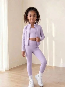 SHEIN 女童時尚休閒藍色3件套，時尚舒適高彈力，適合運動、健身、戶外活動、購物等，秋冬款 - 淡紫色 - 查看 8