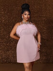 Maweii Plus Size Pink Sexy Fur Collar Sleeveless Spaghetti Strap Bodycon Slimming Dress - Pink - View 1