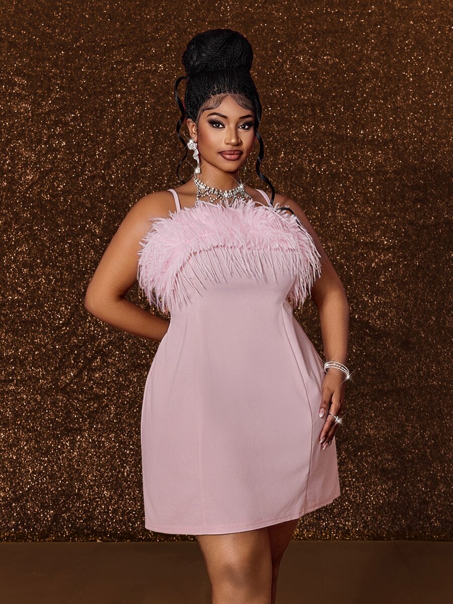 Maweii Plus Size Pink Sexy Fur Collar Sleeveless Spaghetti Strap Bodycon Slimming Dress - Pink - View 1
