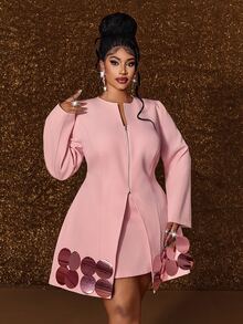 Maweii Plus Size Long Sleeve V-Neck Sweet Sequin Elegant Blazer Suit Set - Pink - View 4