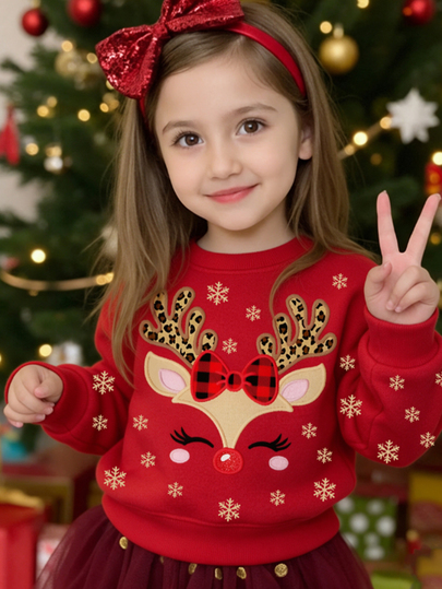 Girls Cute Christmas Reindeer Pattern Sweatshirt, Leopard Print Plaid Bow Print Red Pullover Thermal Lined Long Sleeve Top, Winter Wear