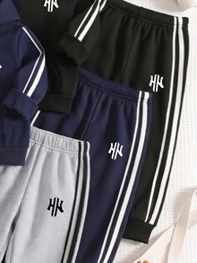 Young Boy Letter Pattern Colorblock Casual Everyday Long Pants - Black - View 4