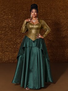 Maweii Plus Size Elegant Square Neck Fitted Long Sleeve Maxi Dress High-End Women Fall - Multicolor - View 1