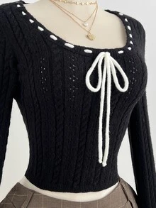 Elamini Women's Fashion Versatile Sweet Bow Daily Commute Date Outfit Autumn/Winter Pullover Sweater - Black - View 7