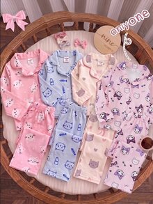 SHEIN 女童甜美可愛優雅休閒日常舒適粉色小貓兔子蝴蝶結卡通印花開襟長袖上衣與長褲套裝，親膚柔軟針織面料家居服，女童最佳禮物 - 粉色 - 查看 1