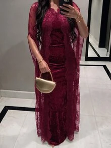 Modelyn فستان طويل دانتيل مثير للمواعيد والحفلات للنساء - أحمر بنفسجي - مشاهدة 3