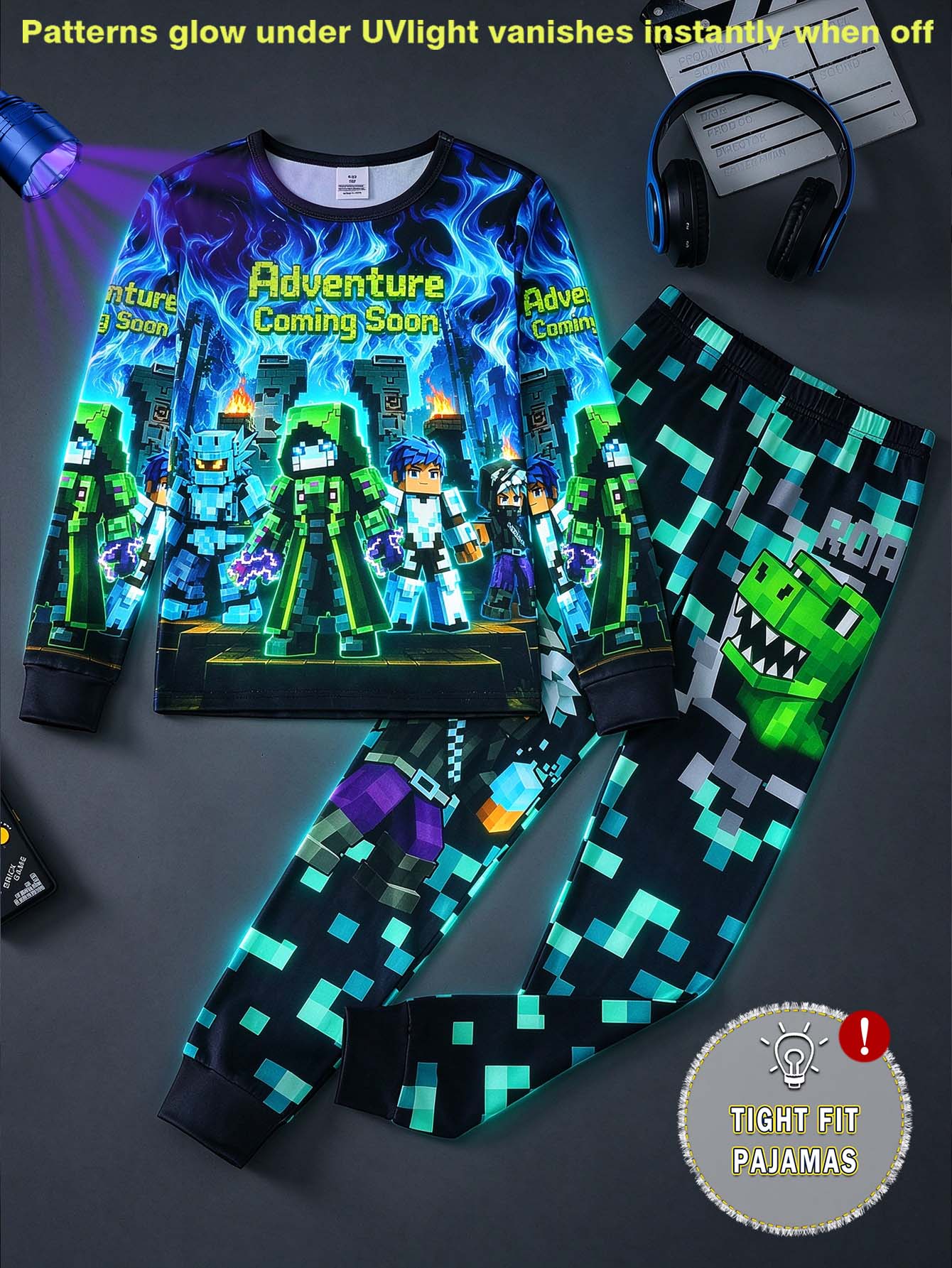 Tween Boys Pajamas 2-Piece Set, Autumn/Winter New Hot-Selling Cool Pattern All-Over Print With Positioned Graphic, Contrast Collar, Cuffs And Hem, High Elasticity Crew Neck Long Sleeve Top And Long Pants, Snug Fit, 1 Set, Size Runs Small, Please Order One Size Up - Black - View 1