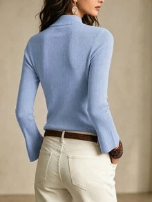 SHEIN 女款素色休閒百搭日常穿著長袖針織衫 - 淺藍色 - 查看 2