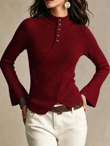 SHEIN 女款素色休閒百搭日常穿著長袖針織衫 - 酒紅色 - 查看 4