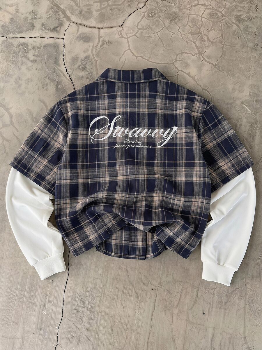 SWAVVY Men's Casual Plaid Embroidered Button-Up 2 In 1 Shirt - Blue - View 1
