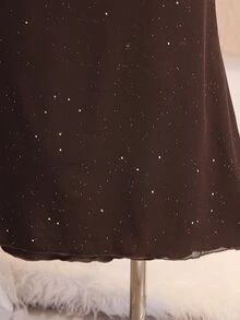 Gaun Anak Perempuan Remaja Elegan Tanpa Bahu dengan Detail Kerut dan Glitter, Cocok untuk Pesta Musim Gugur, Liburan, Acara Pulang Sekolah, Ulang Tahun, Natal, dan Pernikahan. - Coffee Brown - View 7