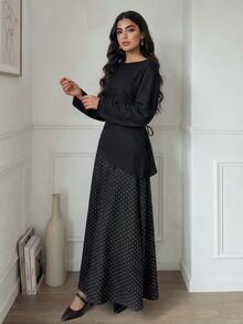 Veilorie Setelan Kasual 2 Potong Wanita: Atasan Lengan Panjang Warna Polos dan Rok Motif Polkadot - Hitam - View 4