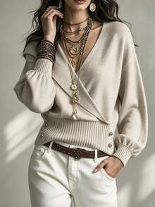 SHEIN Women's Solid Color Casual Versatile Daily Long Sleeve Sweater - Khaki - View 6