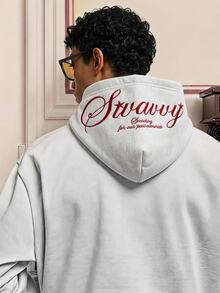 SWAVVY 男士針織時尚日常青年休閒寬鬆版型英文刺繡長袖連帽衫 - 淺灰色 - 查看 2